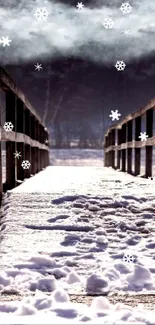 Snowy bridge in winter landscape with a tranquil atmosphere.