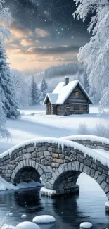 Peaceful winter scene with snowy cabin and stone bridge.
