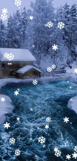 Snowy cabin by a frozen river with trees in winter landscape.