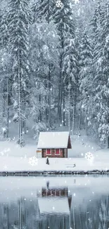 Beautiful winter scene with cabin by snowy lake.