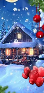 Snow-covered cabin with red festive ornaments and night snowfall.