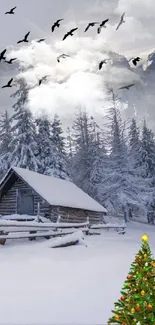 Snowy winter cabin with Christmas tree.