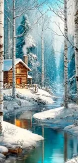 Cozy cabin by a stream in a snowy forest with birch trees.