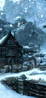 Cabin in snowy mountains with falling snowflakes.