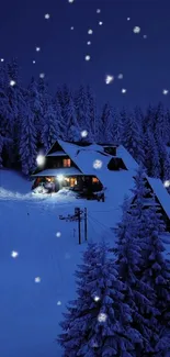 Snowy winter cabin at night with falling snowflakes.