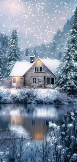 Cozy cabin in snowy forest reflected in a tranquil lake under a cloudy sky.