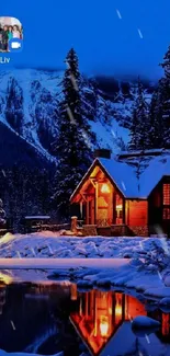 Winter cabin by snowy lake at night.