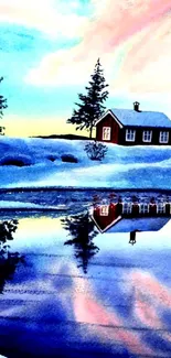 Serene winter cabin reflected in a frozen lake.