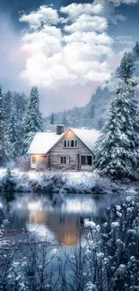 Serene winter cabin by a snowy lake reflection.