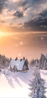 Cabin in snowy landscape with sunset and trees.