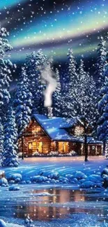 Cozy winter cabin under aurora lights and snowy trees.