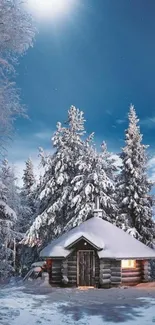 Snow-covered cabin under a moonlit sky with pine trees.