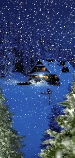 Cozy cabin in snowy winter forest with falling snowflakes.