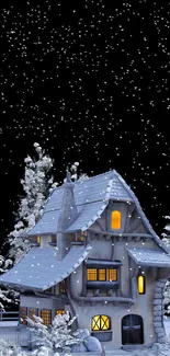 Cozy winter cabin under a starry night sky with snowflakes gently falling.