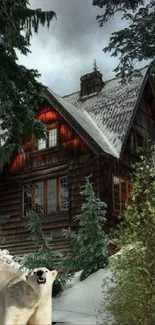 Snowy cabin with a polar bear in a forest setting.