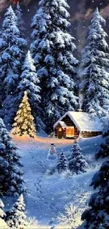 Snow-covered cabin in forest under moonlit night sky.