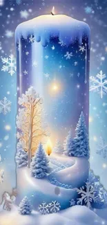 Fantasy winter candle scene with snowflakes.