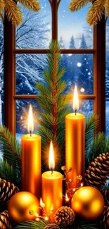 Winter scene with candles, pine cones, and snow outside a window.