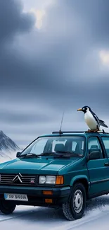 Vintage teal car with penguin in snowy landscape under cloudy skies.