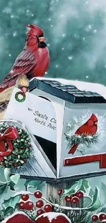 Cardinal perched on snowy mailbox in festive winter scene with berries.