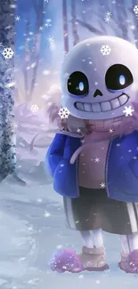 Charming cartoon character in a snowy winter scene with blue tones.