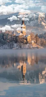 Winter castle with snowy reflection by a calm lake and mountain backdrop.