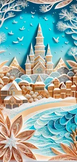 Fantasy castle in winter with vibrant blue sky and 3D paper art style.