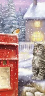 Whimsical winter wallpaper with fluffy cat and robin by red mailbox.