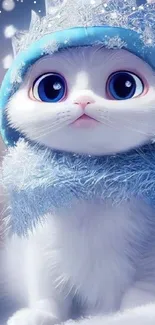 Fantasy cat with blue crown and scarf, winter theme.