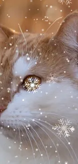 Adorable cat with snowflakes in a wintery mobile wallpaper.