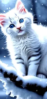 White cat with blue eyes on a snowy branch in winter.