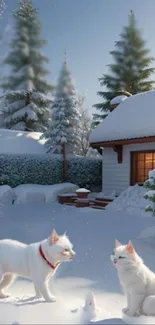 Two white cats in a snowy garden by a winter cottage with pine trees.