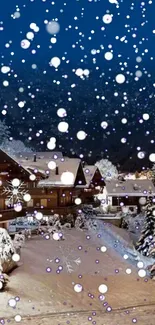 Snowy chalet with falling snowflakes under a dark blue night sky.