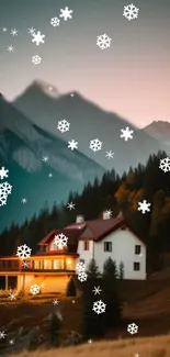 Charming winter cabin with snowy mountains and snowflakes.