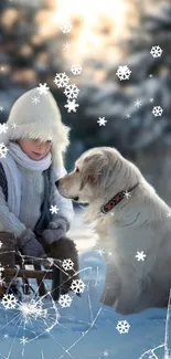 Child with dog in snowy winter scene, snowflakes around.