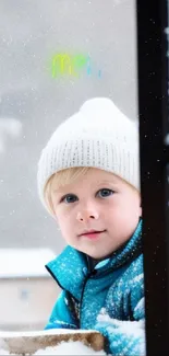 Child in winter attire looking through a snowy window.