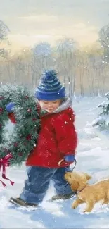 Child walking with puppy in snowy winter scene, holding a holiday wreath.