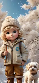 Adorable child with puppy in a snowy forest setting, wearing cozy winter attire.