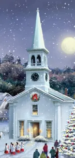 Winter church scene with snow, Christmas tree, and moon.