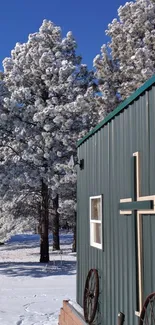 Winter church scene with snow and blue sky.