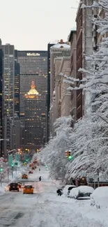 Snowy city street at dusk with glowing buildings and urban charm.