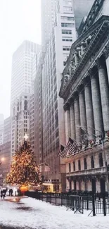 Snowy city street with a Christmas tree and skyscrapers.