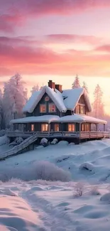 Winter cottage at sunset in a snowy forest landscape with pastel pink skies.