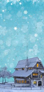 Winter cottage with snowflakes on a turquoise background.