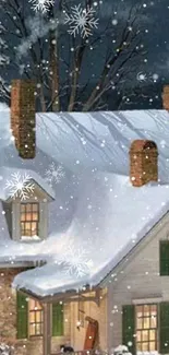 Snow-covered cottage with falling snowflakes at night.