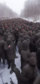 Crowd standing in winter forest with snow-covered trees.