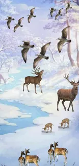 Deer and geese in a snowy winter landscape wallpaper.