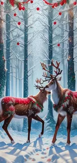 Beautiful winter scene with deer in a snowy forest, festive decorations.