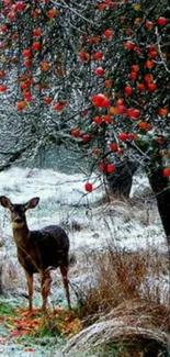 Deer standing under a snowy apple tree in a winter landscape.