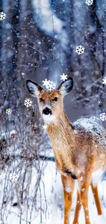 Deer standing in a snowy forest with falling snowflakes.